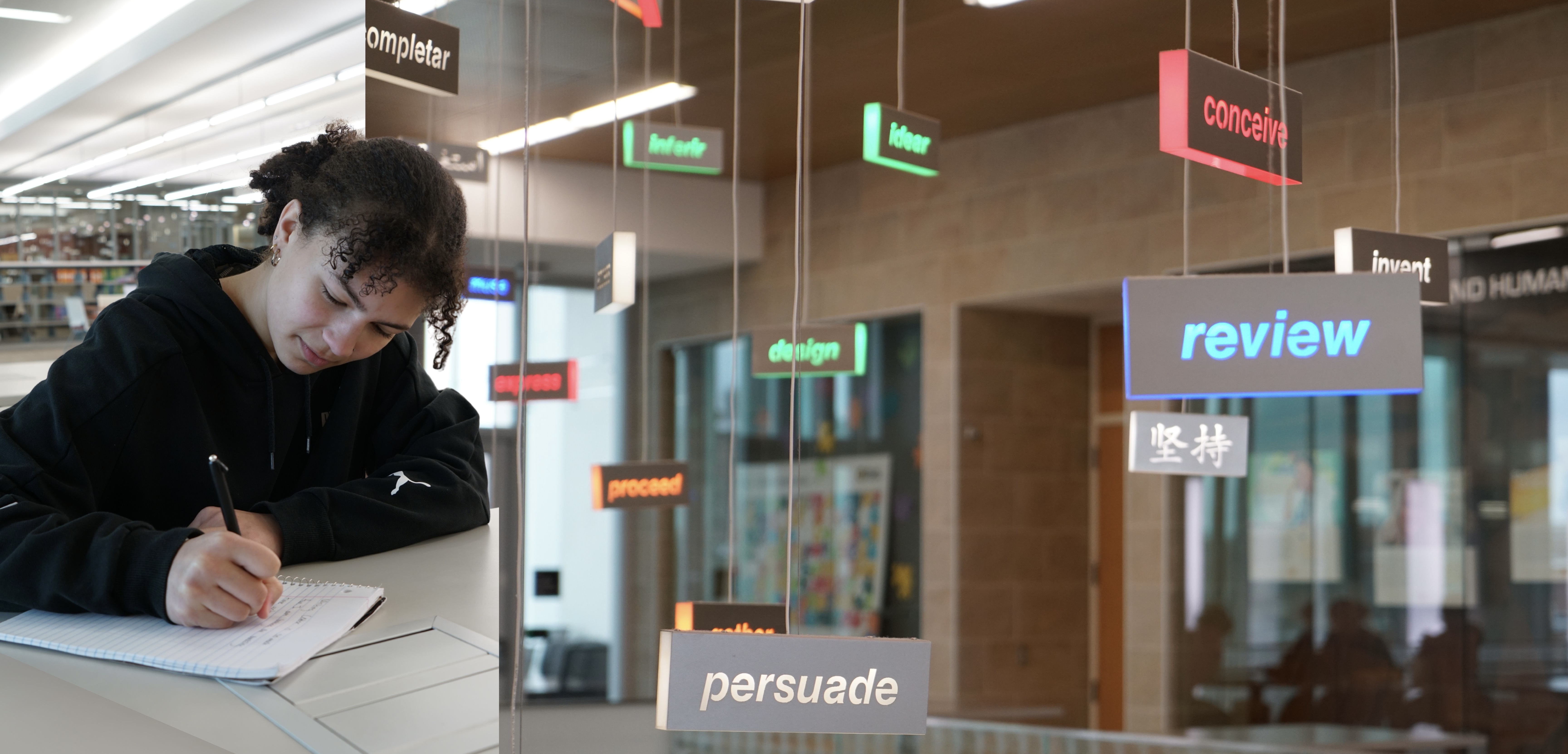 Student writes at Swain Student Success Center on left and right side shows Sangren's fixture over the main staircase