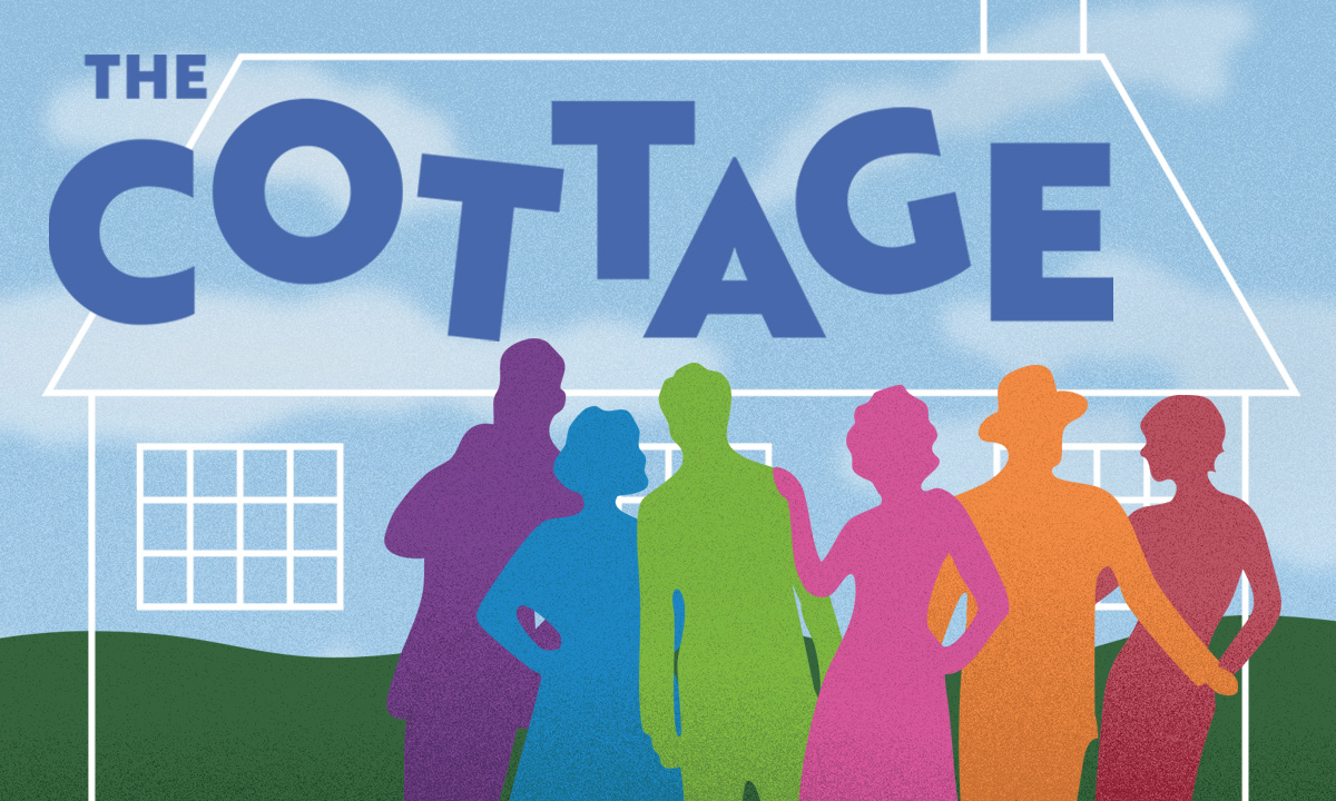 Graphic featuring The Cottage in blue font, the white outline of a drawn cottage, blue skies meeting a green pasture, and six figures of people in the colors purple, blue, green, pink, orange, and red.