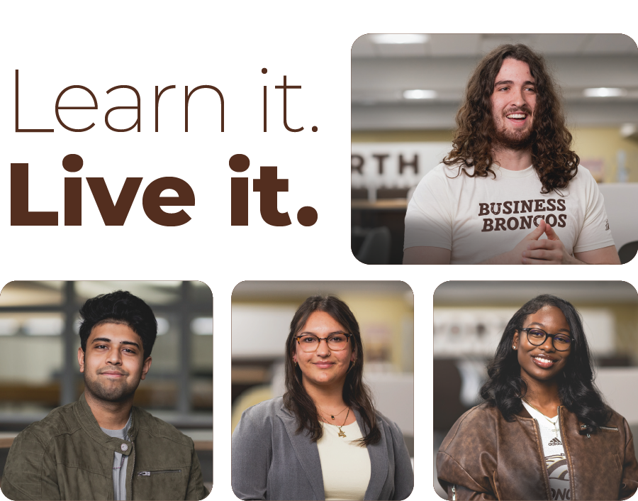 The text "Learn it. Live it." and a collage of four students smiling.
