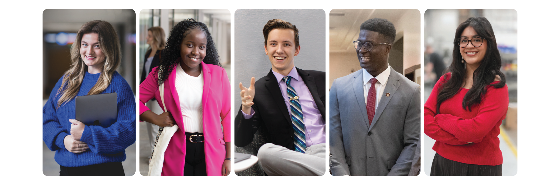 from right to left: Madison Petroff, Hosanna Ndikumana, Lochlan McElroy, Mo Tall, Karen Xospa.