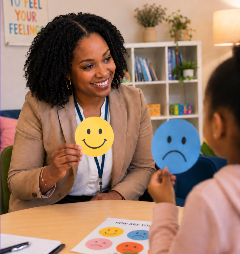 School psychologist works with young student.