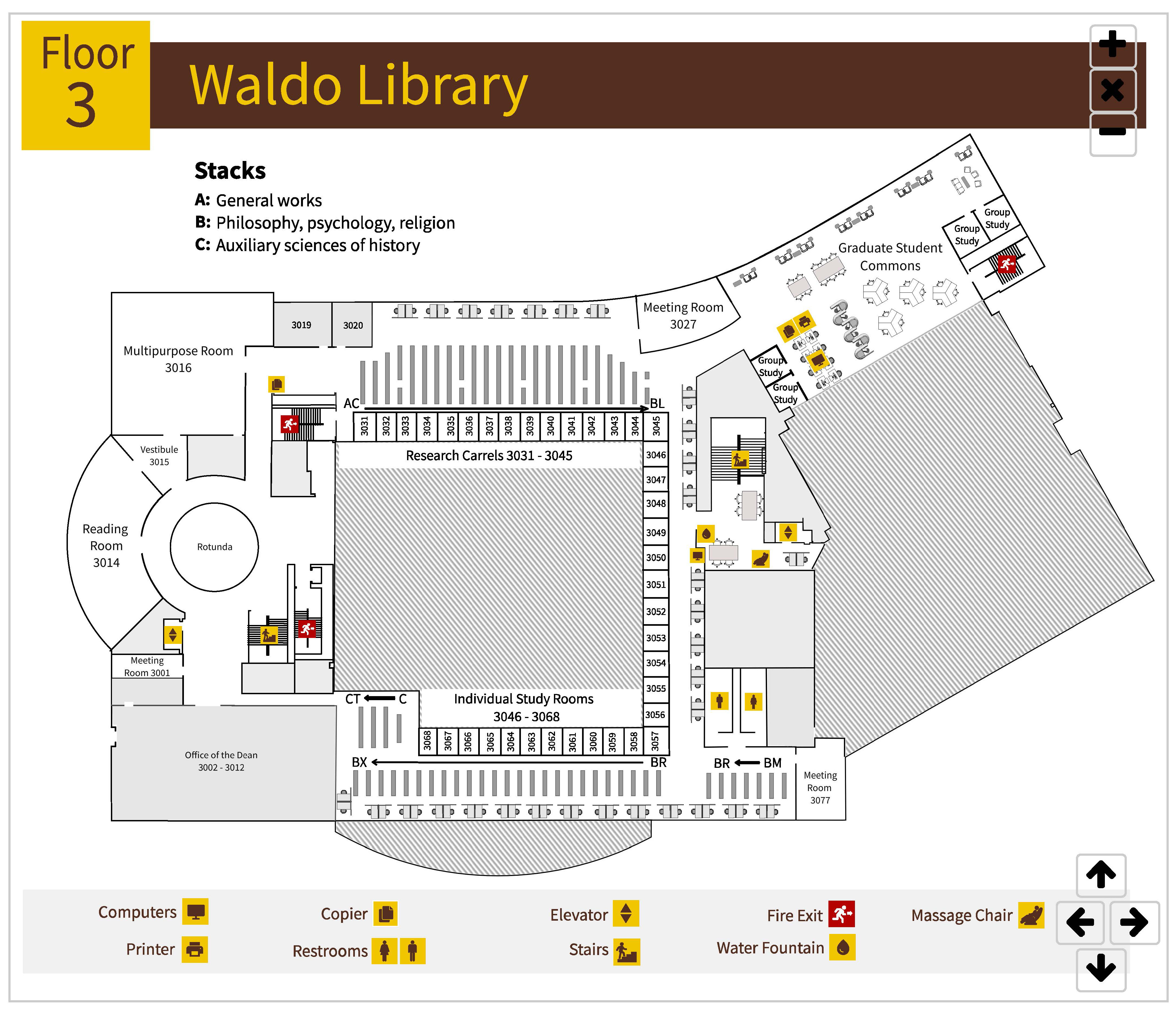 Map of Waldo Library, floor 3 