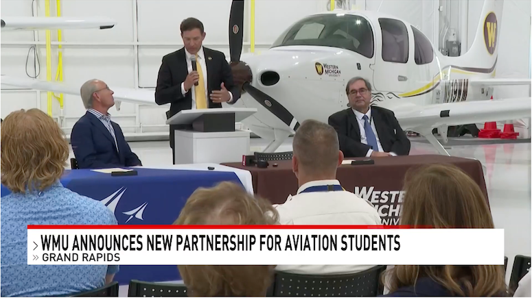 President Kavalhuna speaks to crowd at WMU and WMAA news conference