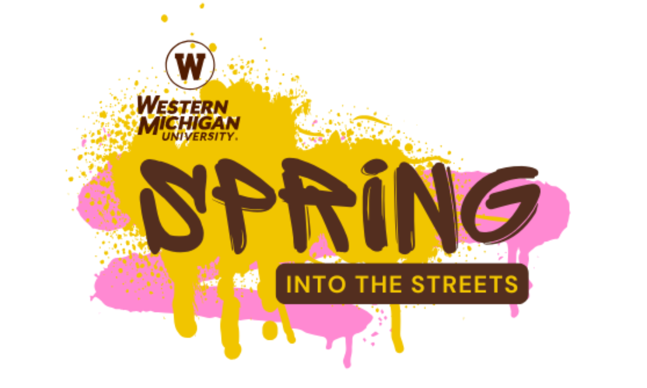 WMU logo with 'Spring into the Streets' text over a colorful gold and pink paint splatter background