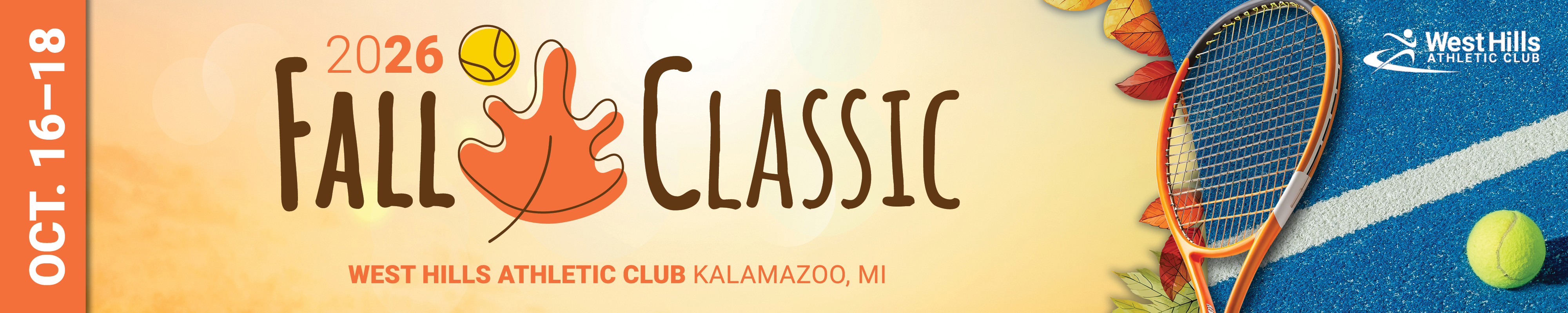 A tennis racket on a tennis court with a ball to the right of it and the Fall Classic Logo to the left.