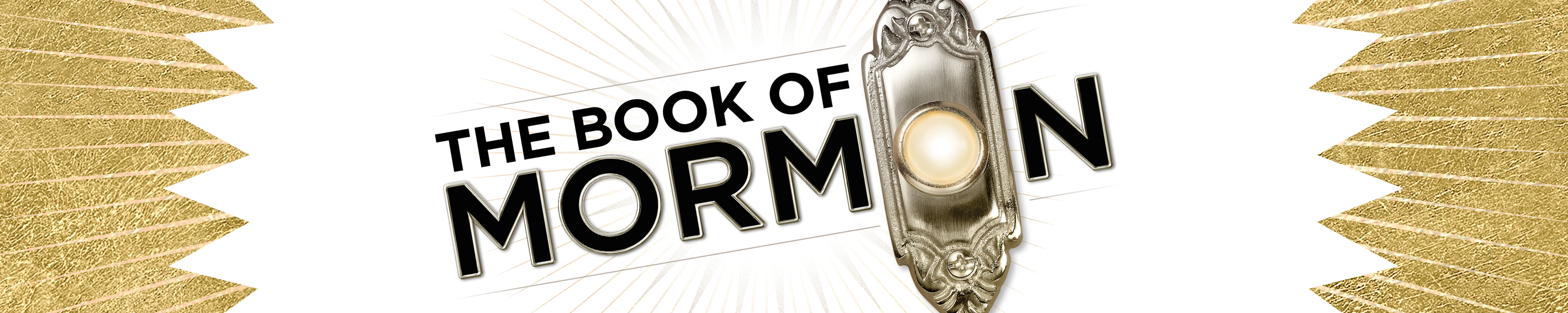 The Book of Mormon show logo showing a doorbell graphic set against a white and gold background.