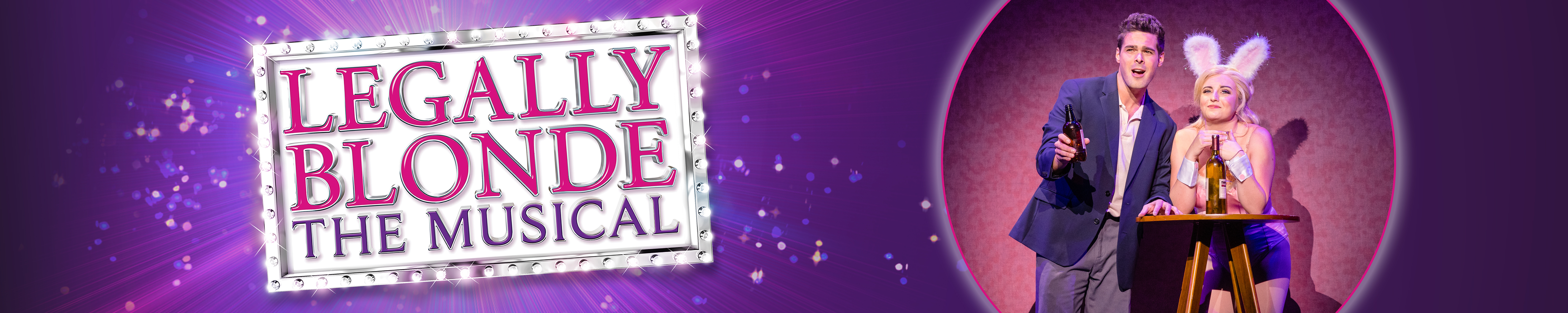 Show logo for Legally Blonde The Musical set against a sparkly purple background with a cast photo from the show set in a circle frame.