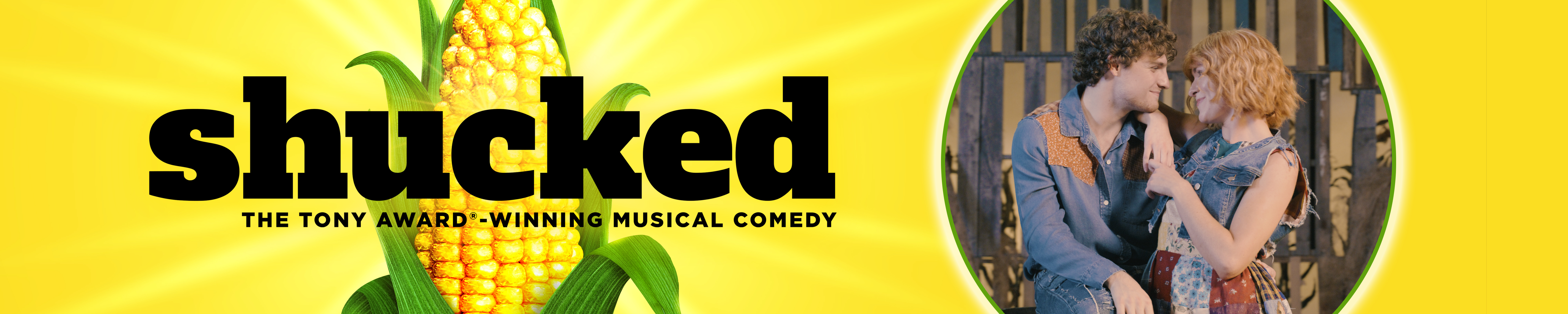 Shucked show logo picturing an ear of corn set against a yellow background accompanied by a photo from the cast framed in a circle.