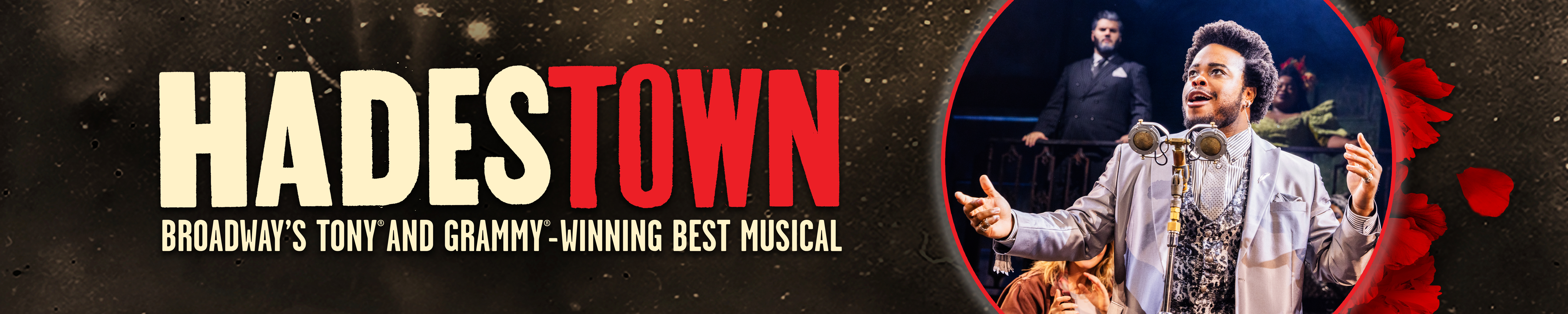Hadestown show logo set against a dark, textured background with a cast photo framed in a circle.