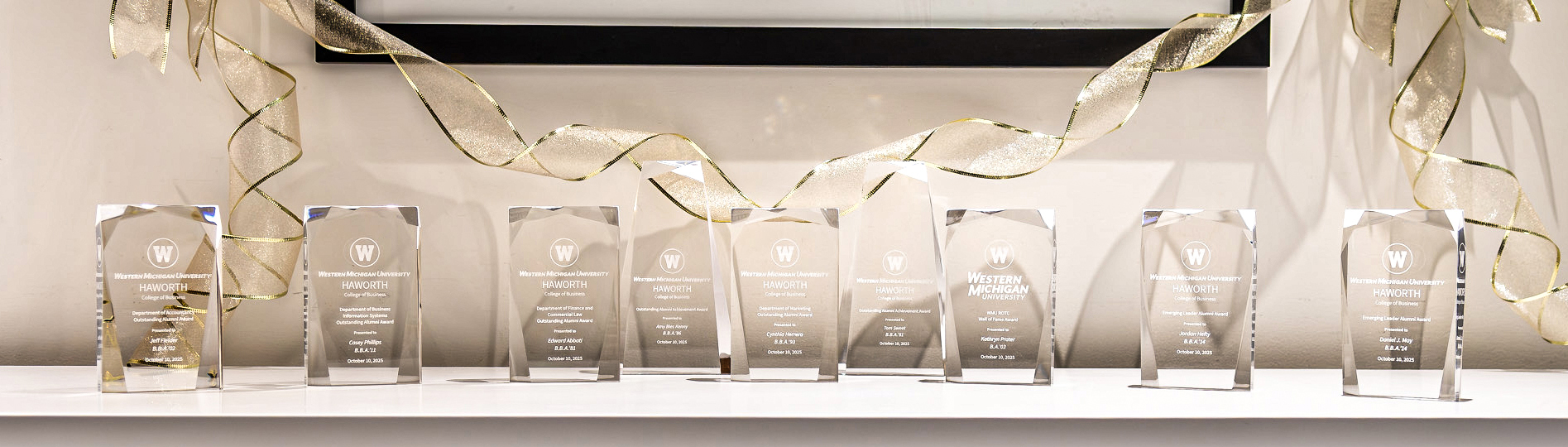 Display of many acrylic awards