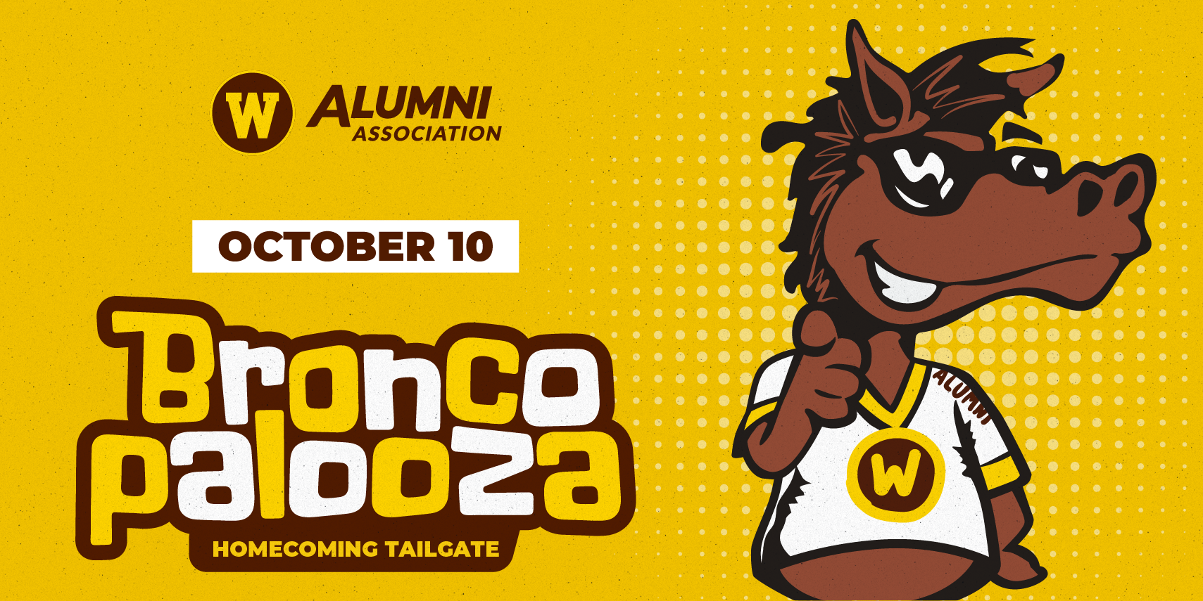 Cartoon Buster stands next to WMU Alumni Association's Broncopalooza