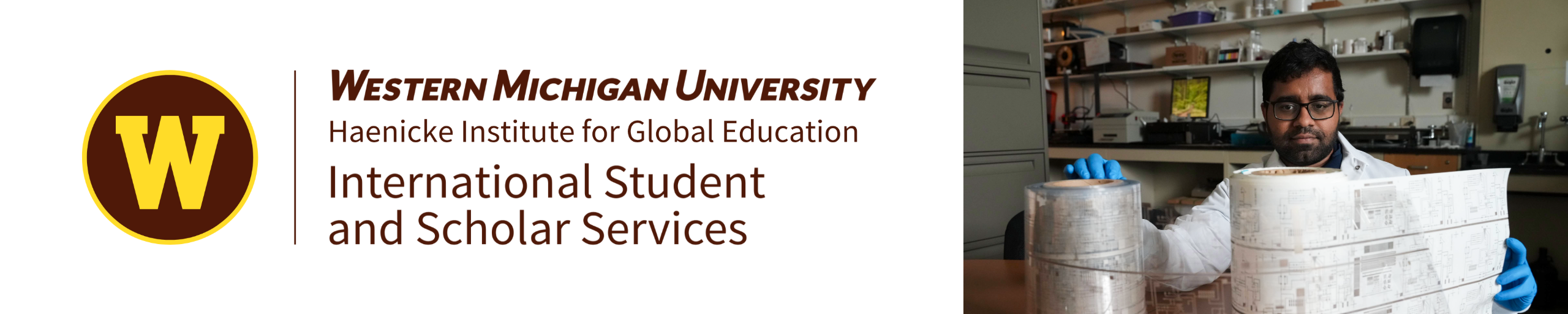 Decorative: Logo for International Student and Scholar Services at WMU. Photo of international student in lab.