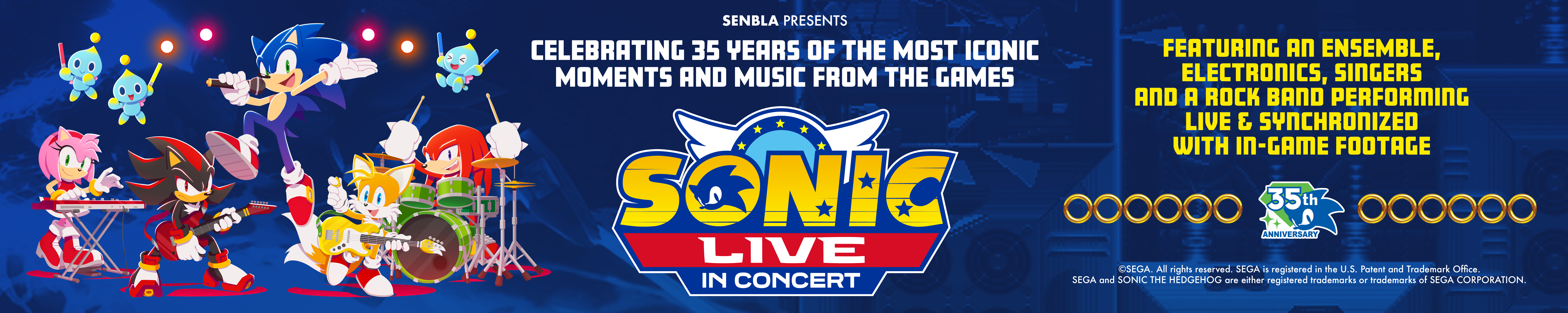 Characters from Sonic the Hedgehog assembled in a group set against a dark blue background with a banner reading "Celebrating 35 years of the most iconic moments and music from the games."
