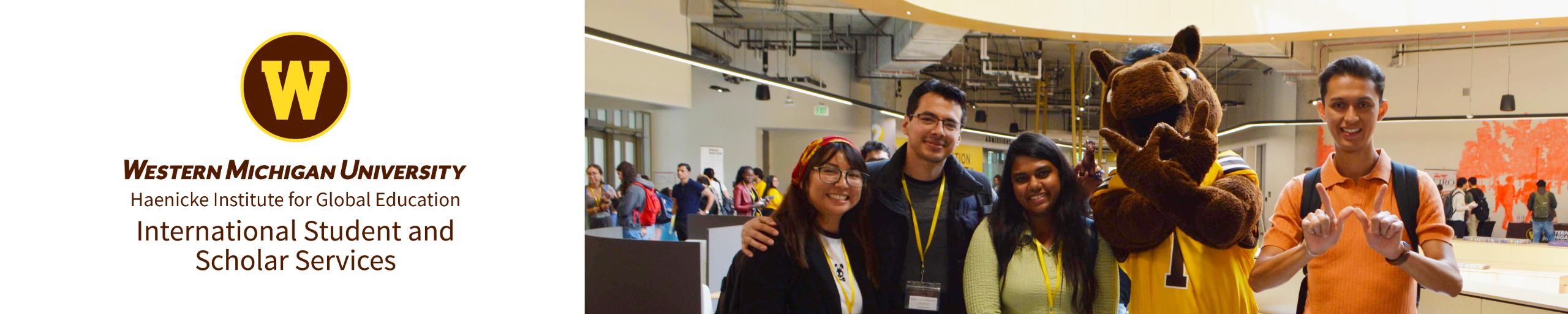 Decorative: Logo for International Student and Scholar Services at WMU. Photo of international students at orientation.