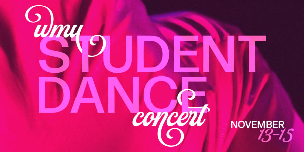 Hot Pink curtain graphic with text reading WMU Student Dance Concert.