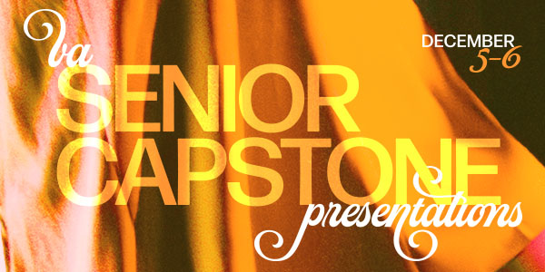 Gold curtain graphic with text reading BA senior capstone concert.