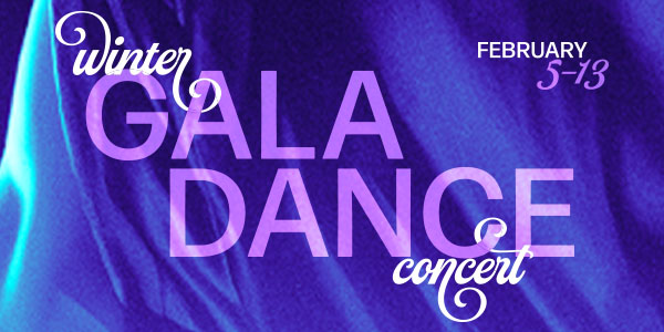 Purple curtain graphic with text reading Winter Gala Dance Concert. 