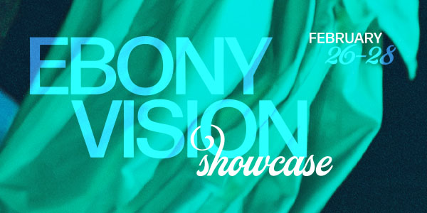 Aqua curtain graphic with text reading Ebony Vision Concert.