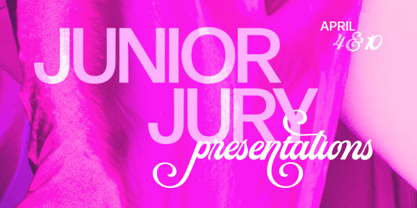 Pink curtain graphic with text reading Junior Jury Presentations.