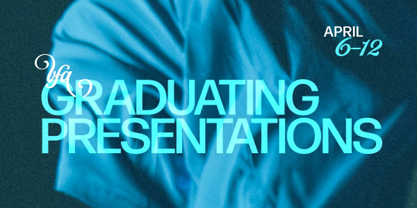 teal curtain graphic with the text reading BFA Graduating Presentations. 