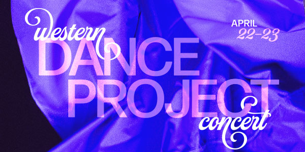 Purple curtain graphic with text reading Western Dance Project Concert.