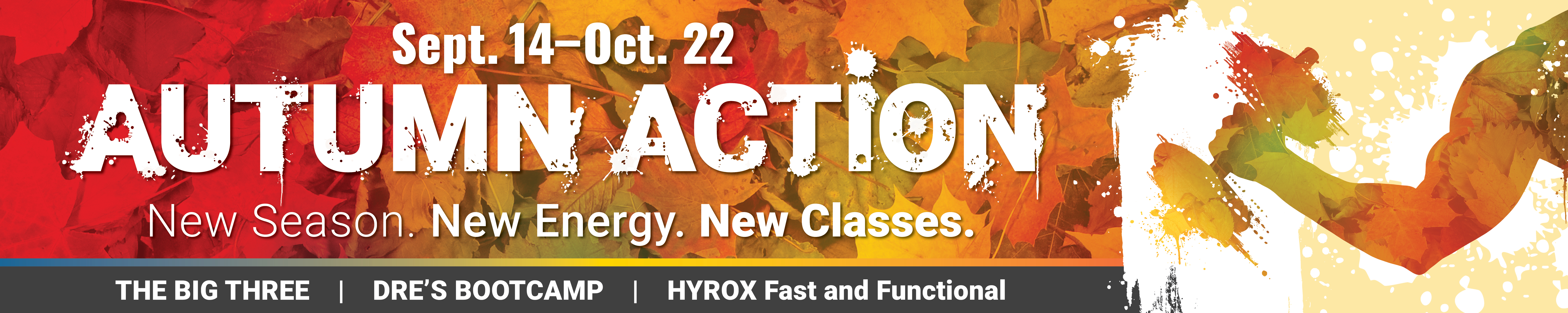 Autumn Action Fitness Campaign header stylized with fall leaves and a watercolor silhouettes of someone working out.