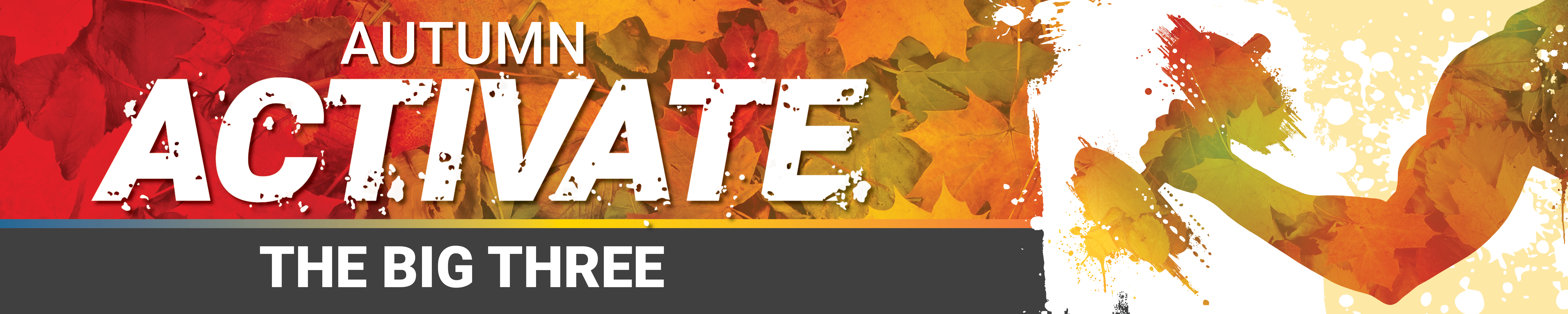 Autumn Activate Fitness Class header stylized with fall leaves and watercolor silhouettes of people working out.