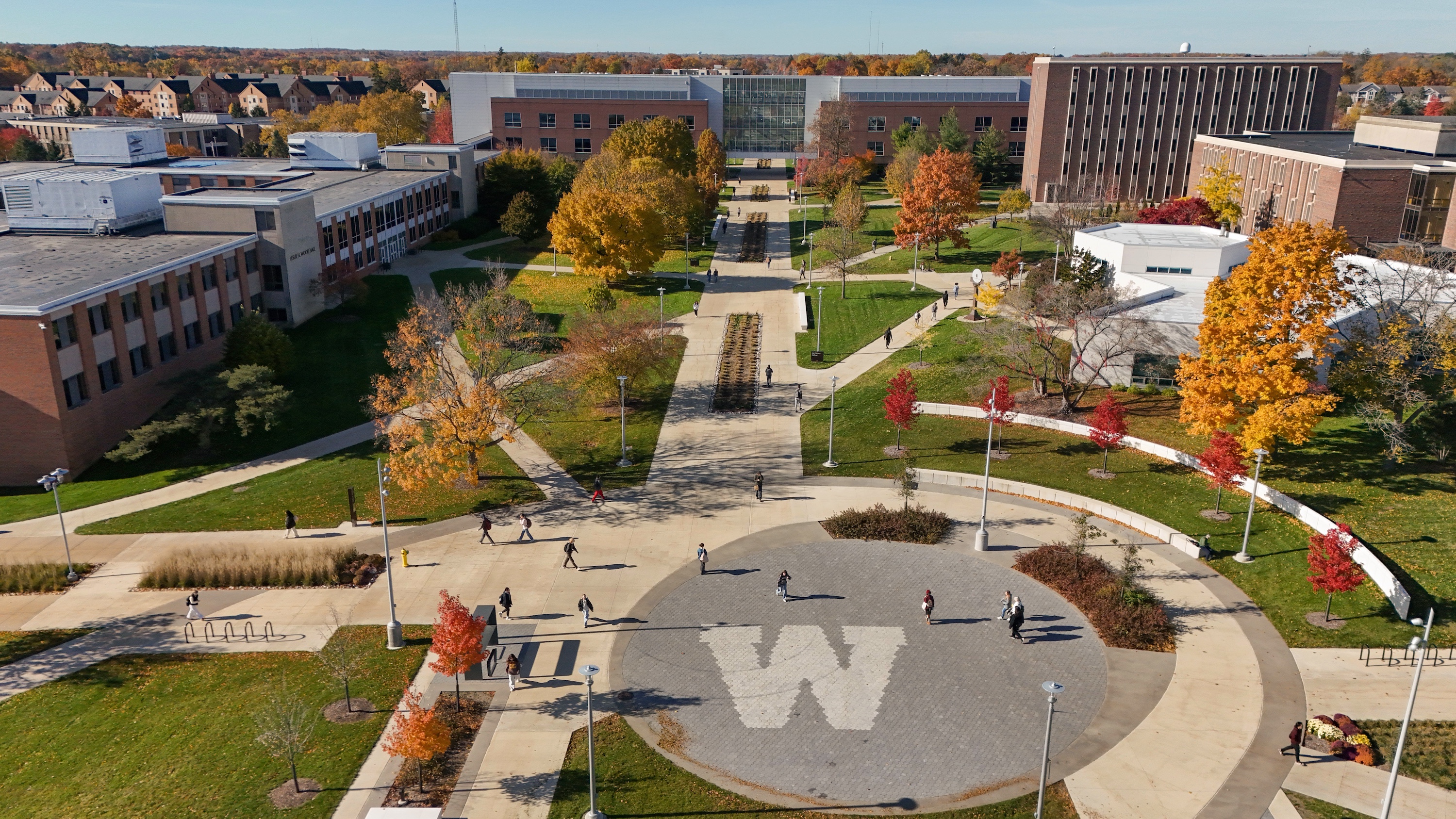 A drone view of the W in the pavement on WMU's campus.