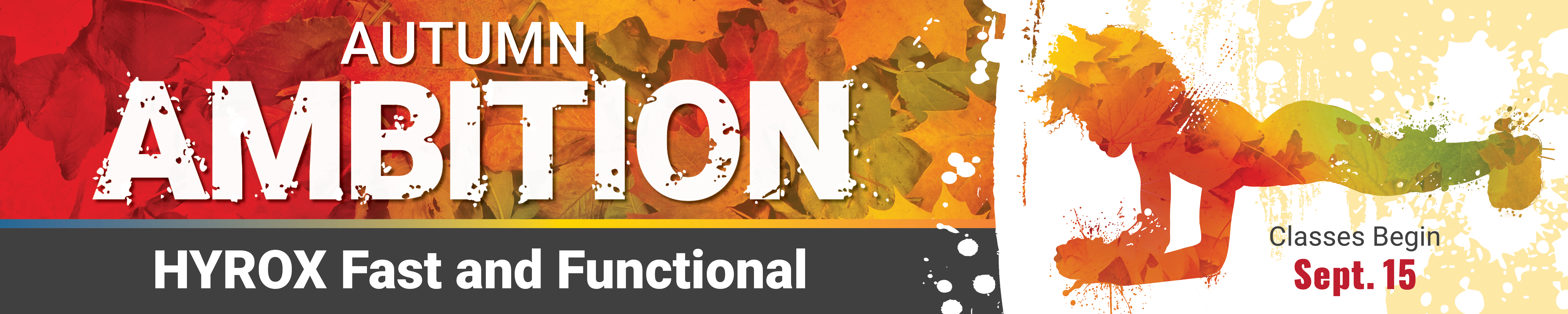 Autumn Ambition Fitness Class header stylized with fall leaves and watercolor silhouettes of people working out.