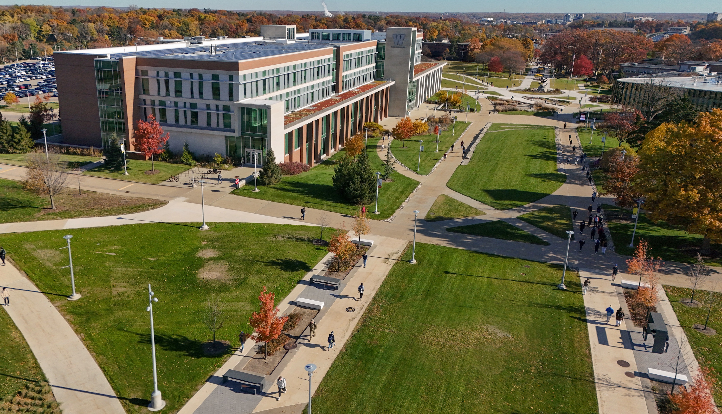 A drone view of Sangren Mall on WMU's campus.