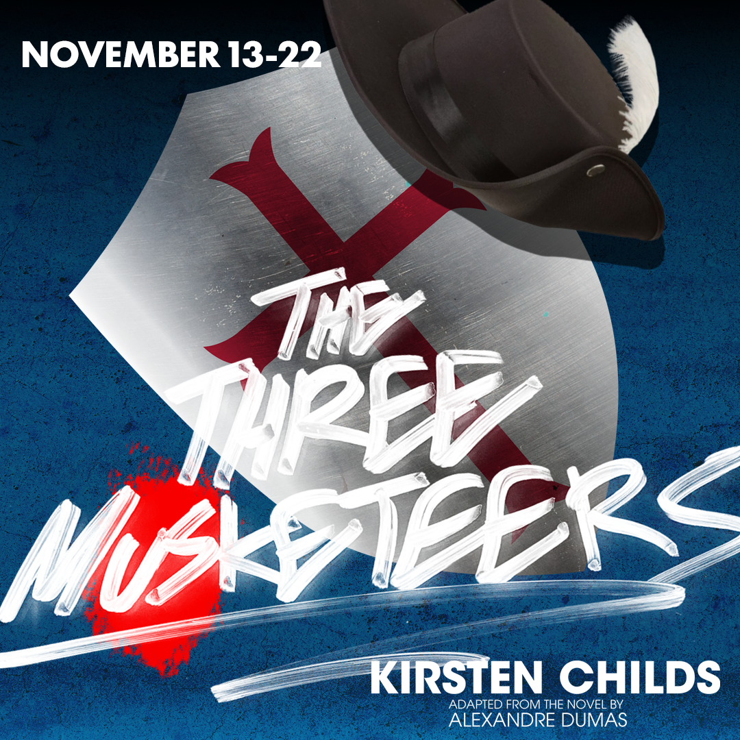 Graphic featuring The Three Musketeers and a shield with a hat on it. 