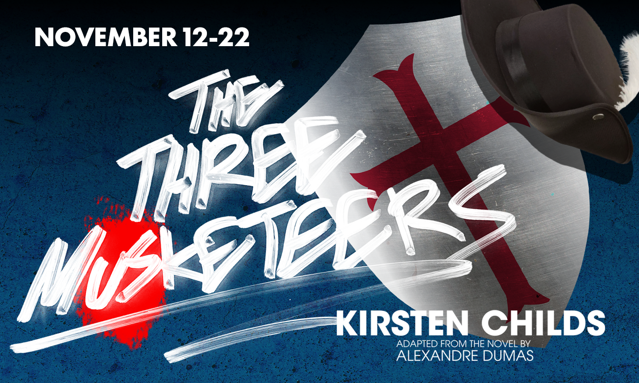 Graphic featuring The Three Musketeers and a shield with a hat on it. 