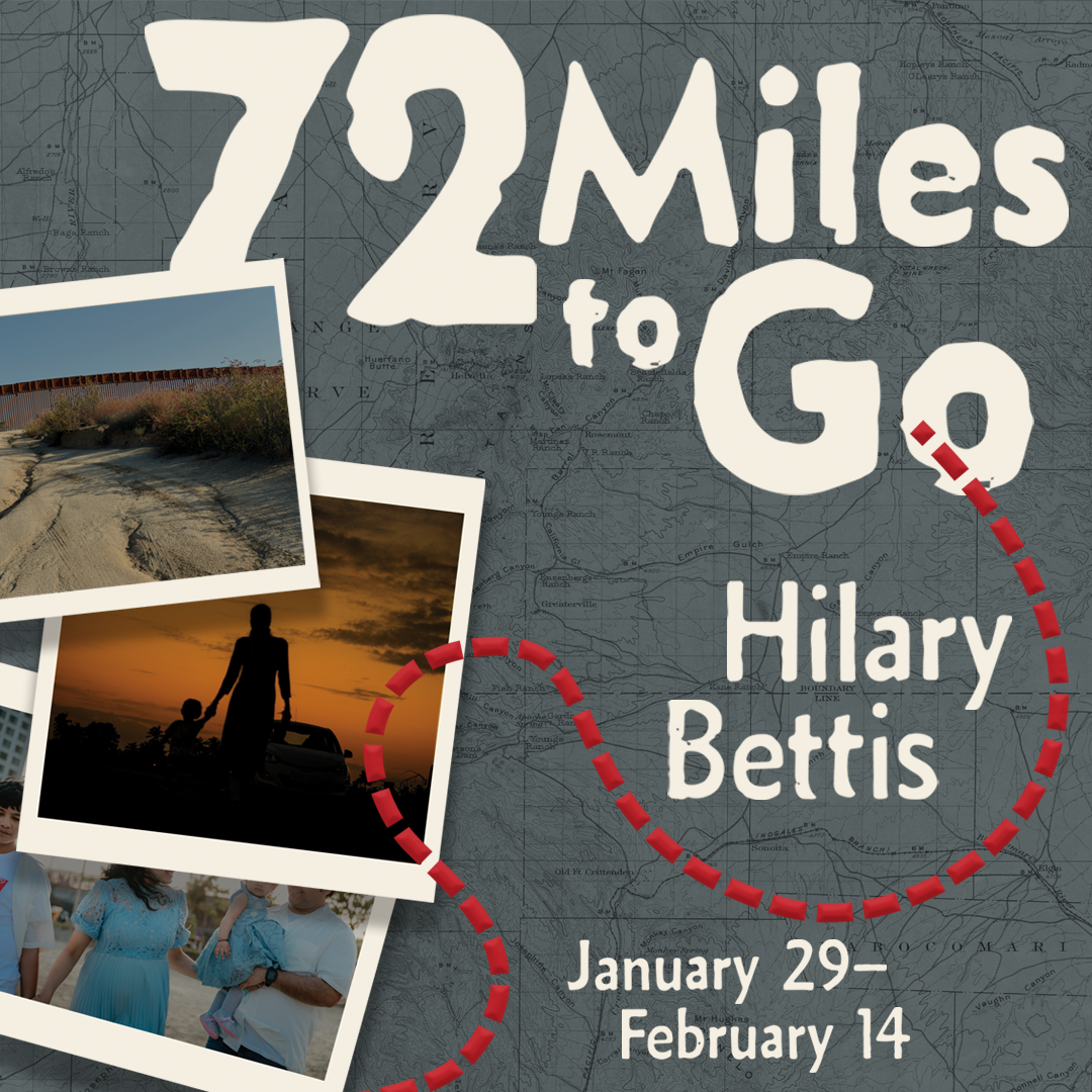 Graphic featuring polaroid pictures and a map with the words 72 Miles To Go by Hilary Bettis.