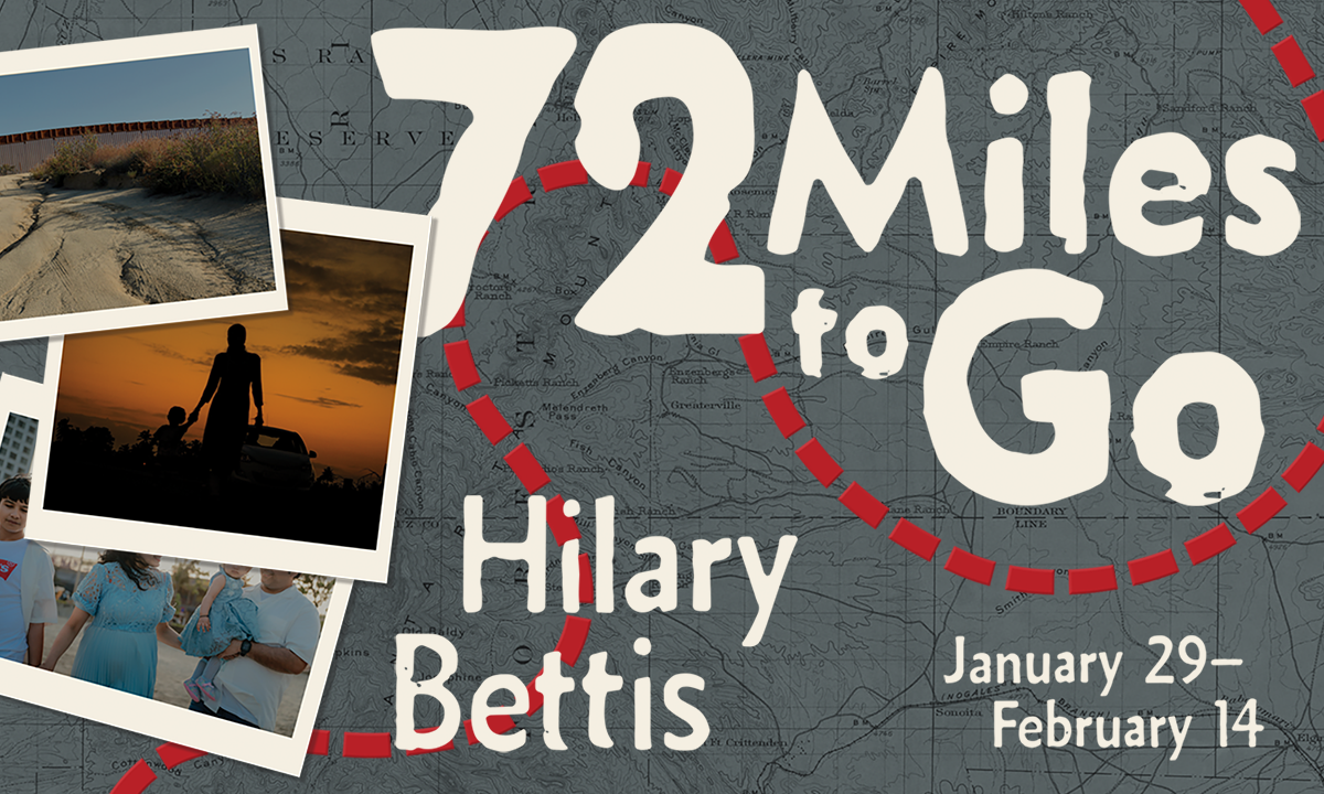 Graphic featuring polaroid pictures and a map with the words 72 Miles To Go by Hilary Bettis.