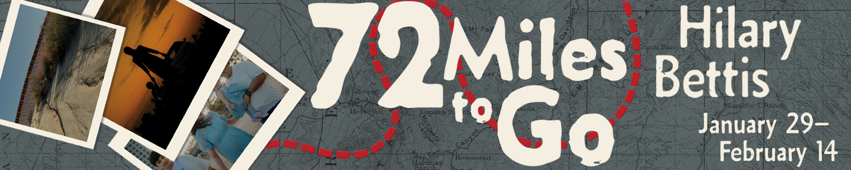 Graphic featuring polaroid pictures and a map with the words 72 Miles To Go by Hilary Bettis.