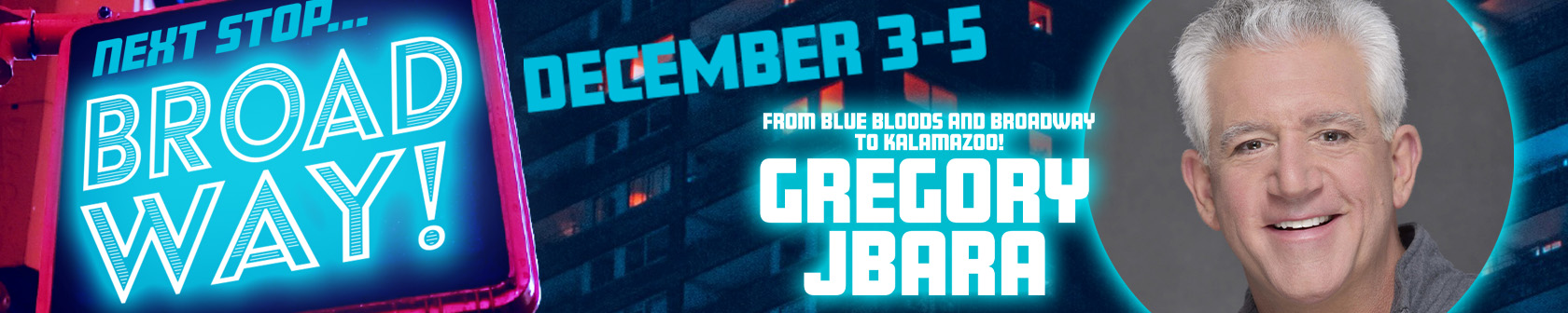 Graphic featuring "Next Stop Broadway" in blue neon text and a photo of actor Gregory Jbara.