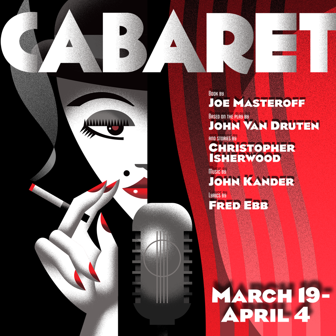 CABARET in large text with a person smoking peeking out from behind a curtain in black and red colors.