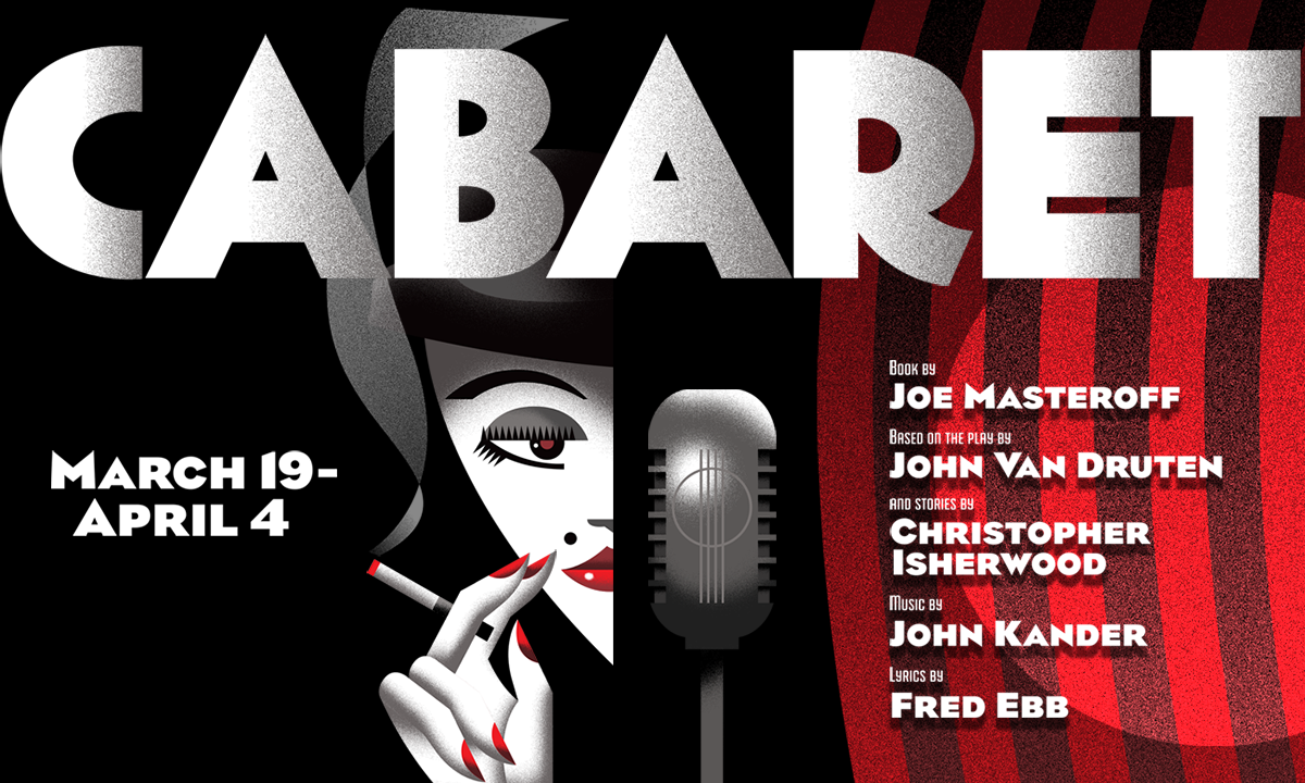 CABARET in large text with a person smoking peeking out from behind a curtain in black and red colors.