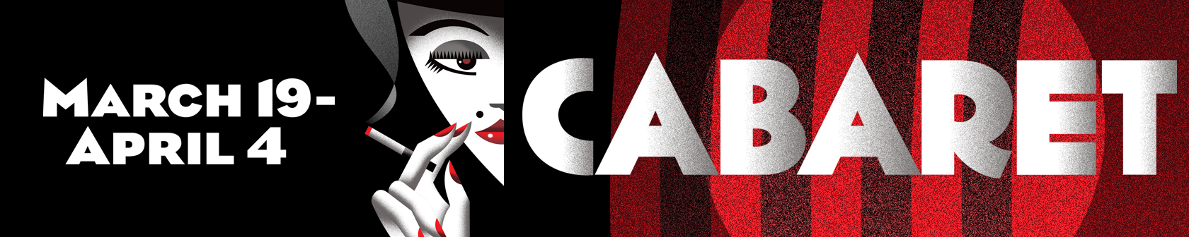 CABARET in large text with a person smoking peeking out from behind a curtain in black and red colors.