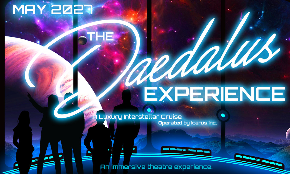 A graphic featuring the words Daedalus Experience with people looking out into space.