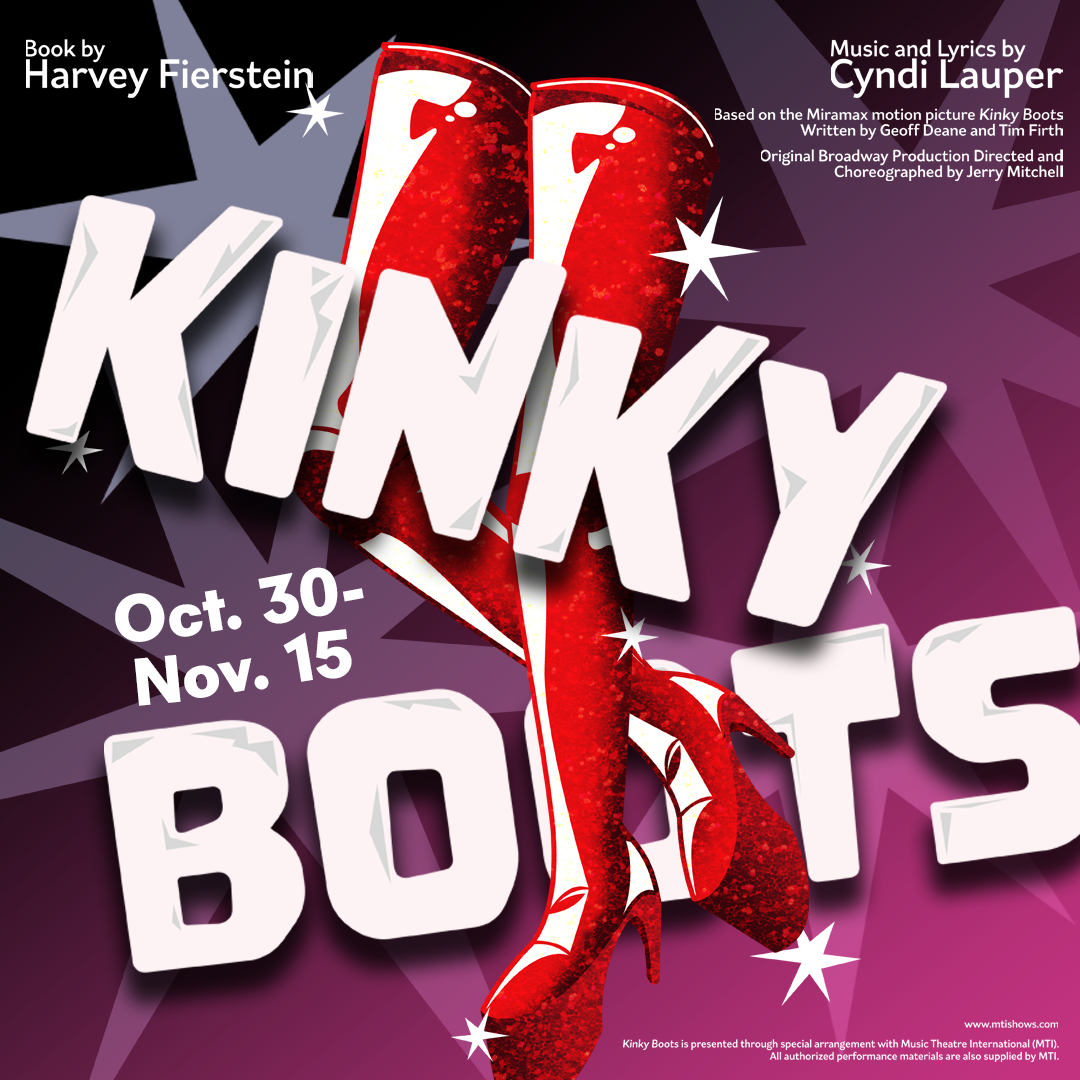Graphic in pink with KINKY BOOTS and 2 glitter reds high boots with stars.