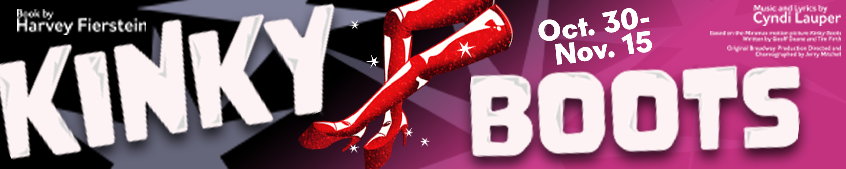 Graphic in pink with KINKY BOOTS and 2 glitter reds high boots with stars.