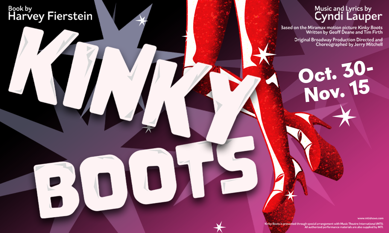 Graphic in pink with KINKY BOOTS and 2 glitter reds high boots with stars.