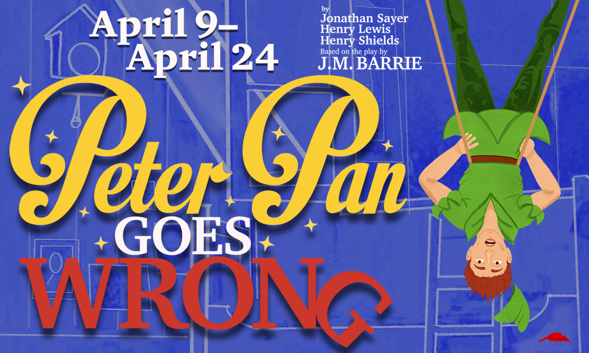 A graphic featuring the words Peter Pan Goes Wrong wiht a cartoon of Peter Pan hanging upside down on a blueprint background.