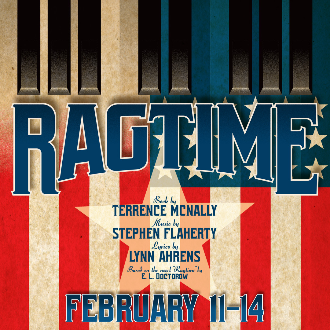 An American Flag background with the title RAGTIME in blue.