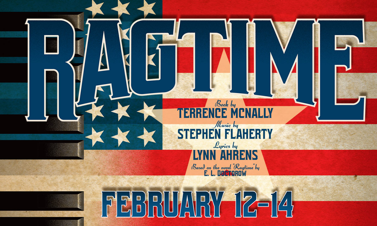 An American Flag background with the title RAGTIME in blue.