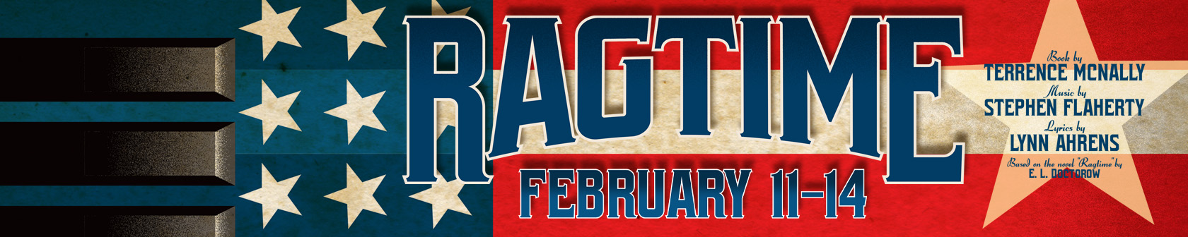 An American Flag background with the title RAGTIME in blue.
