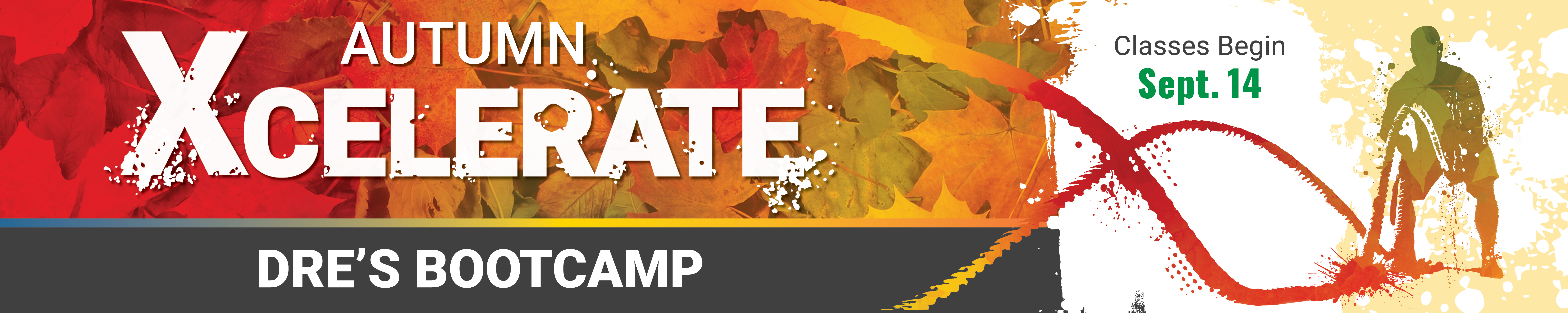 Autumn Xcelerate Fitness Class header stylized with fall leaves and watercolor silhouettes of people working out.