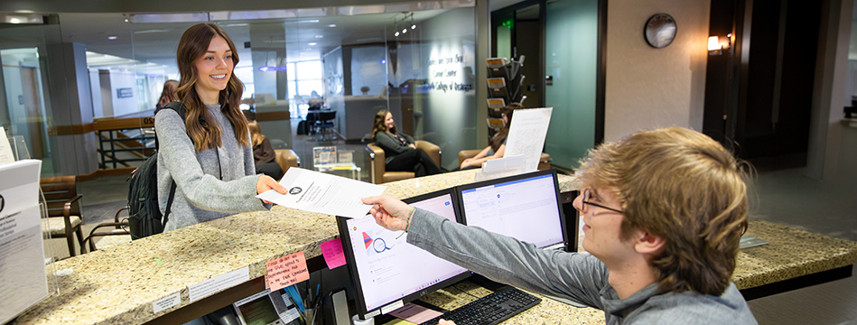 A student at Haworth College of Business in the offices