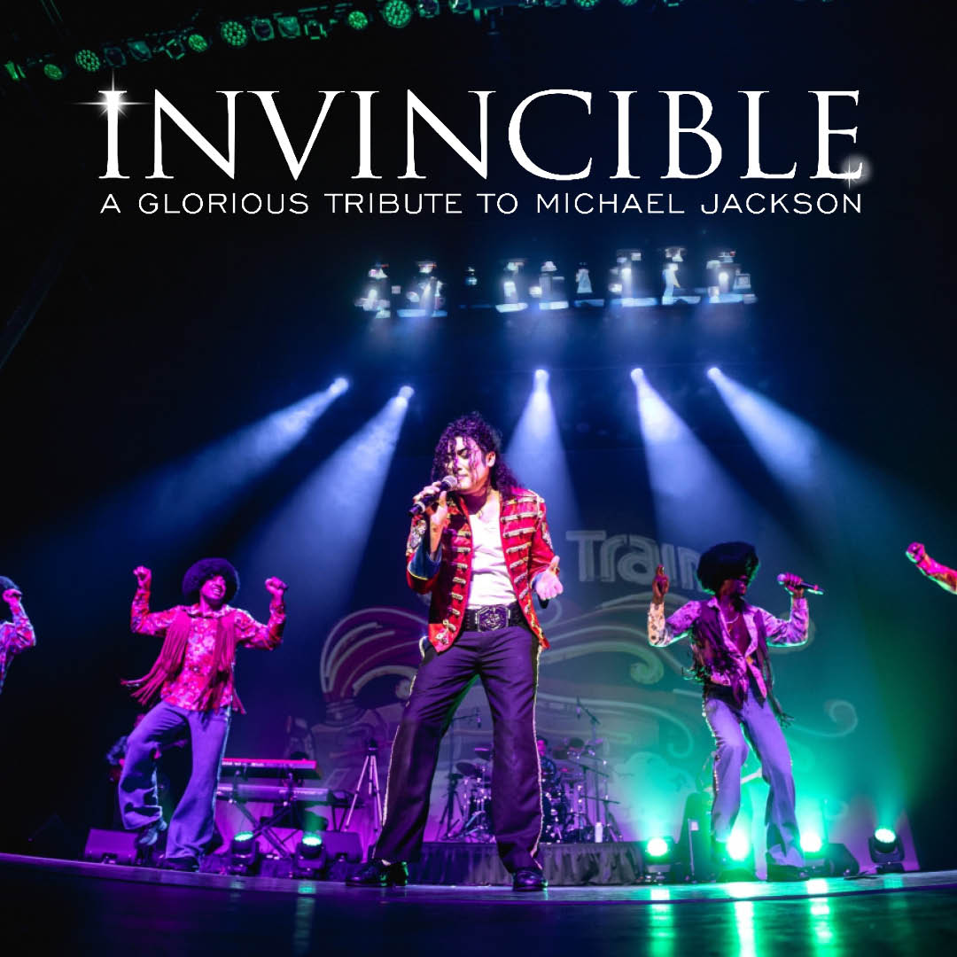 Invincible show logo placed overtop an image from the show where "Michael Jackson" is singing.